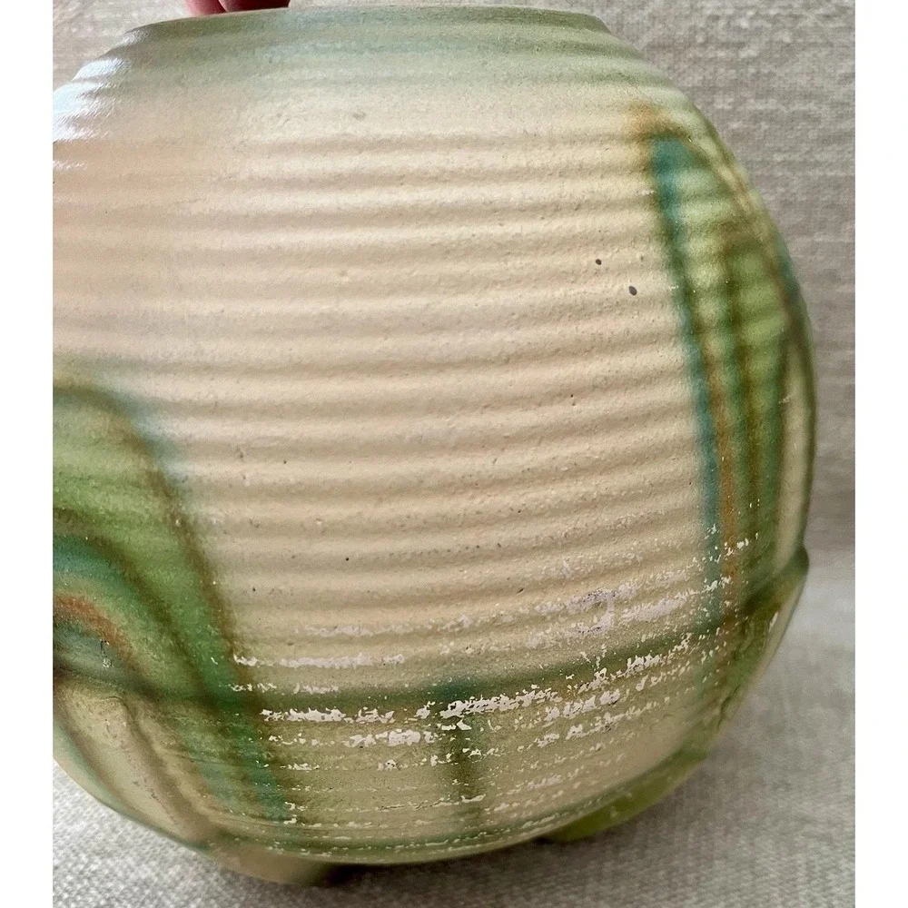 Antique German Art Pottery Ribbed Beehive Vase Green Cream Glaze Made in Germany